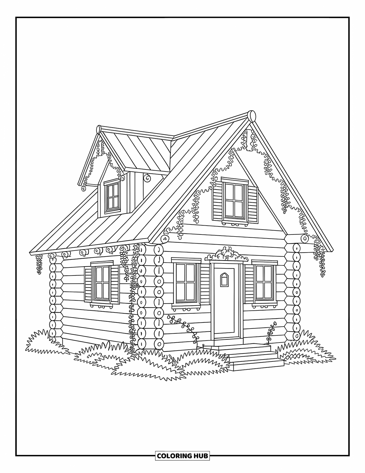 Cabin Coloring Page for Adults: Cozy cabin with climbing ivy and artistic log textures