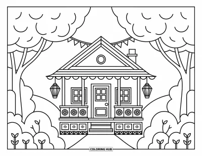 Coloriage de chalet rustique pour adultes : Chalet douillet avec guirlande de fanions et lanternes sur le porche, niché dans de douces collines