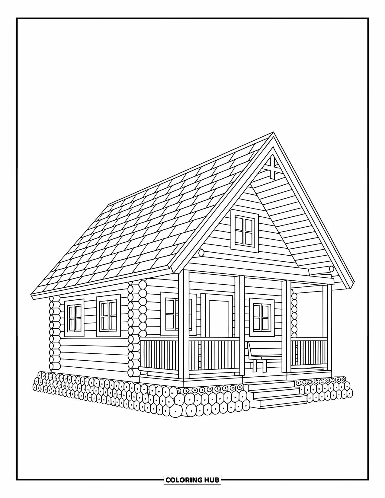 Cabin Coloring Page for Adults: Cozy cabin with porch benches, logs, and detailed patterns throughout