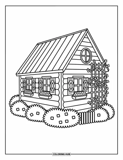 Coloriage de chalet rustique pour adultes : Chalet douillet avec vignes, volets et fleurs dans un cadre de jardin paisible