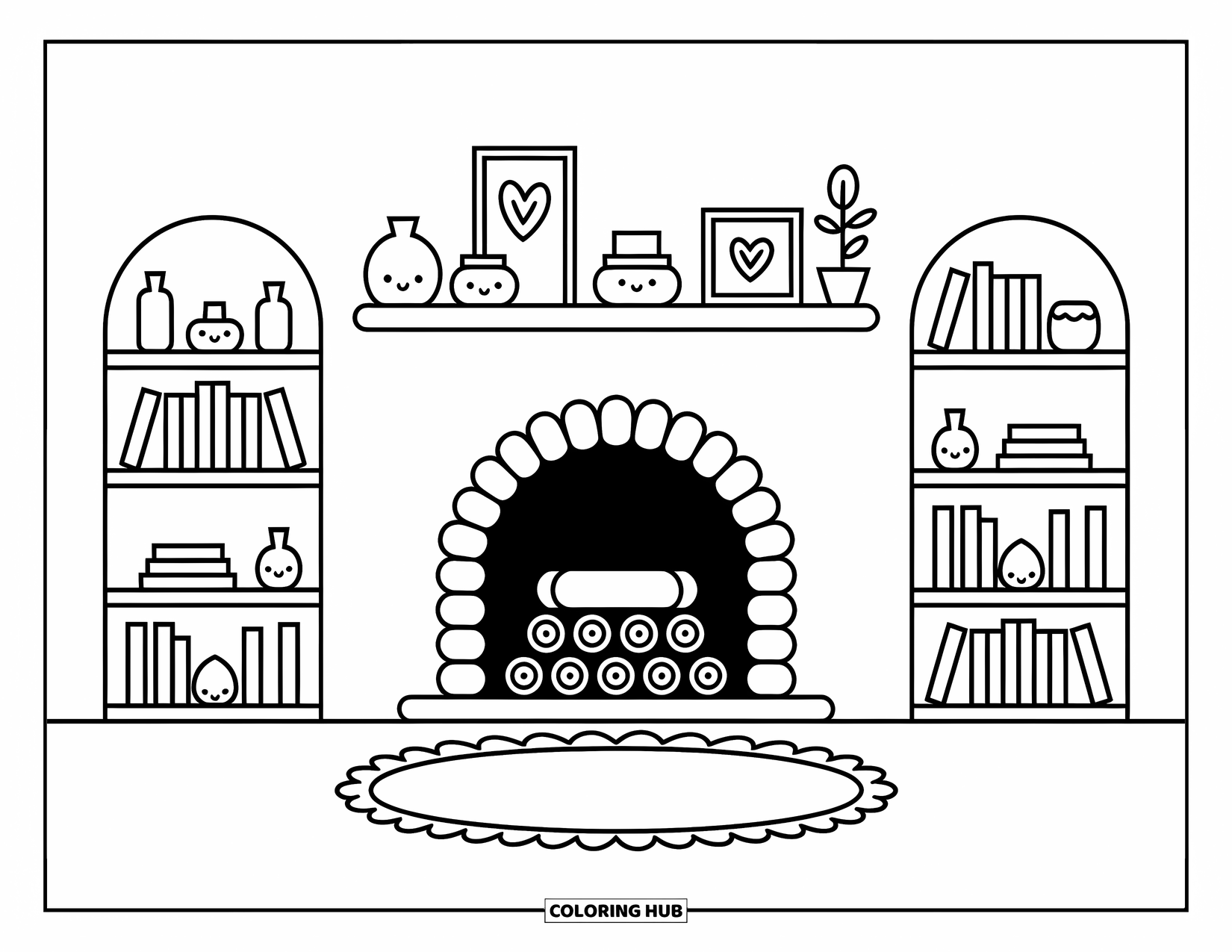 Cabin Coloring Page for Adults: Cozy fireplace with shelves, jars, books, and a playful little rug beneath