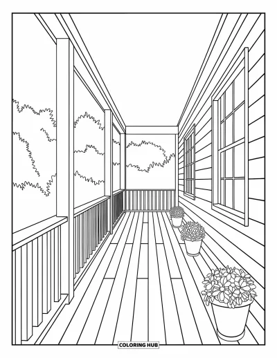 Coloriage de chalet rustique pour adultes : Porche accueillant avec rambardes détaillées, plantes en pots et vue sur la forêt