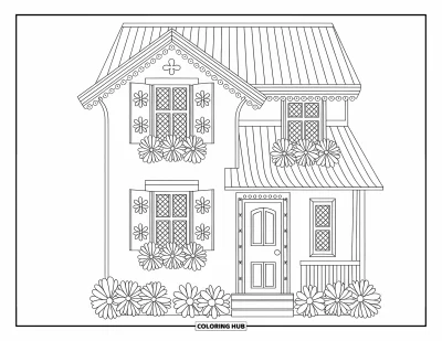 Coloriage de chalet rustique pour adultes : Chalet douillet à deux étages avec volets ornés et contours marqués pour une scène relaxante