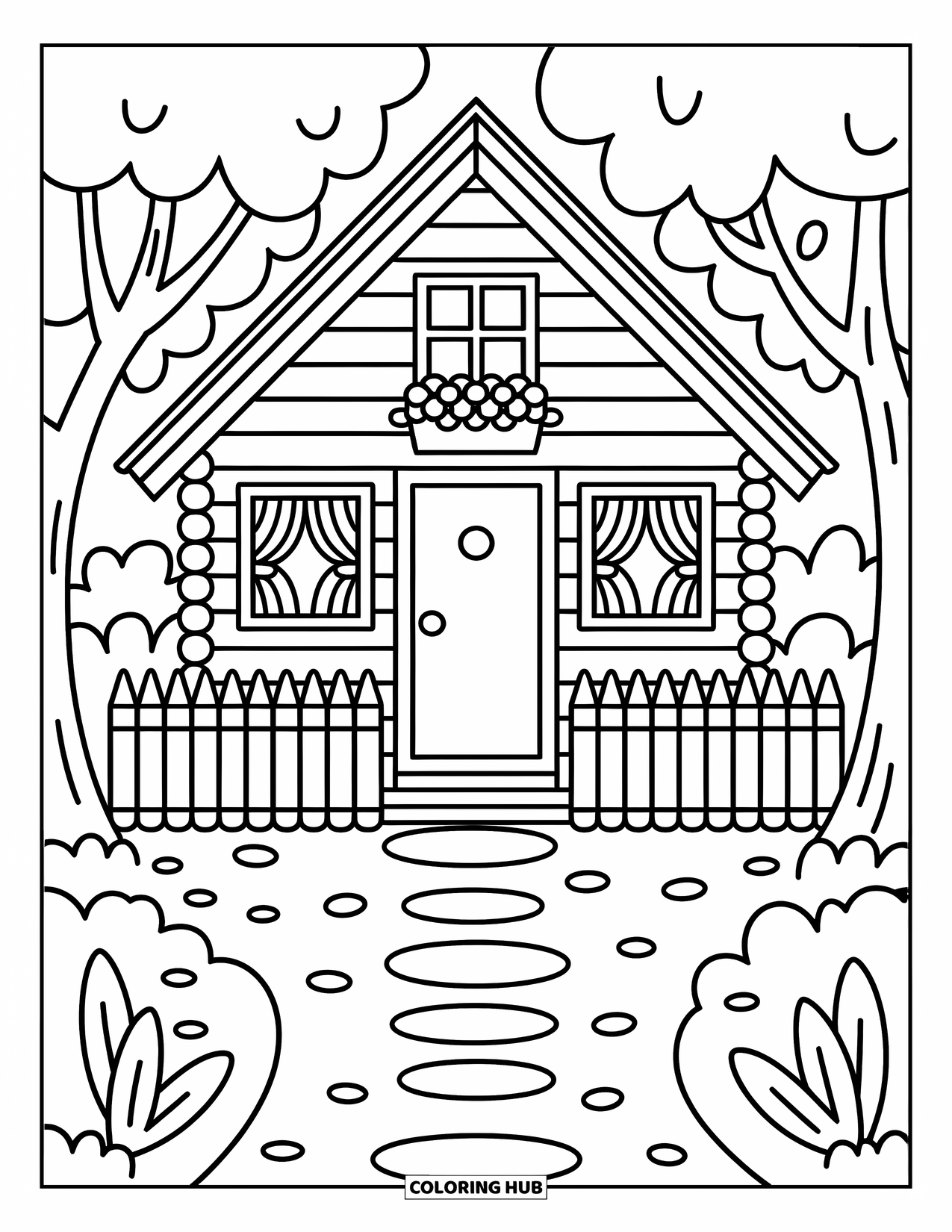 Cabin Coloring Page for Adults: Cute A-frame cabin with window box, puffy trees, and a winding trail behind