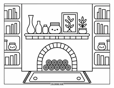 Coloriage de chalet rustique pour adultes : Cheminée avec bibliothèques, bûches empilées et jolis ornements dans un intérieur chaleureux