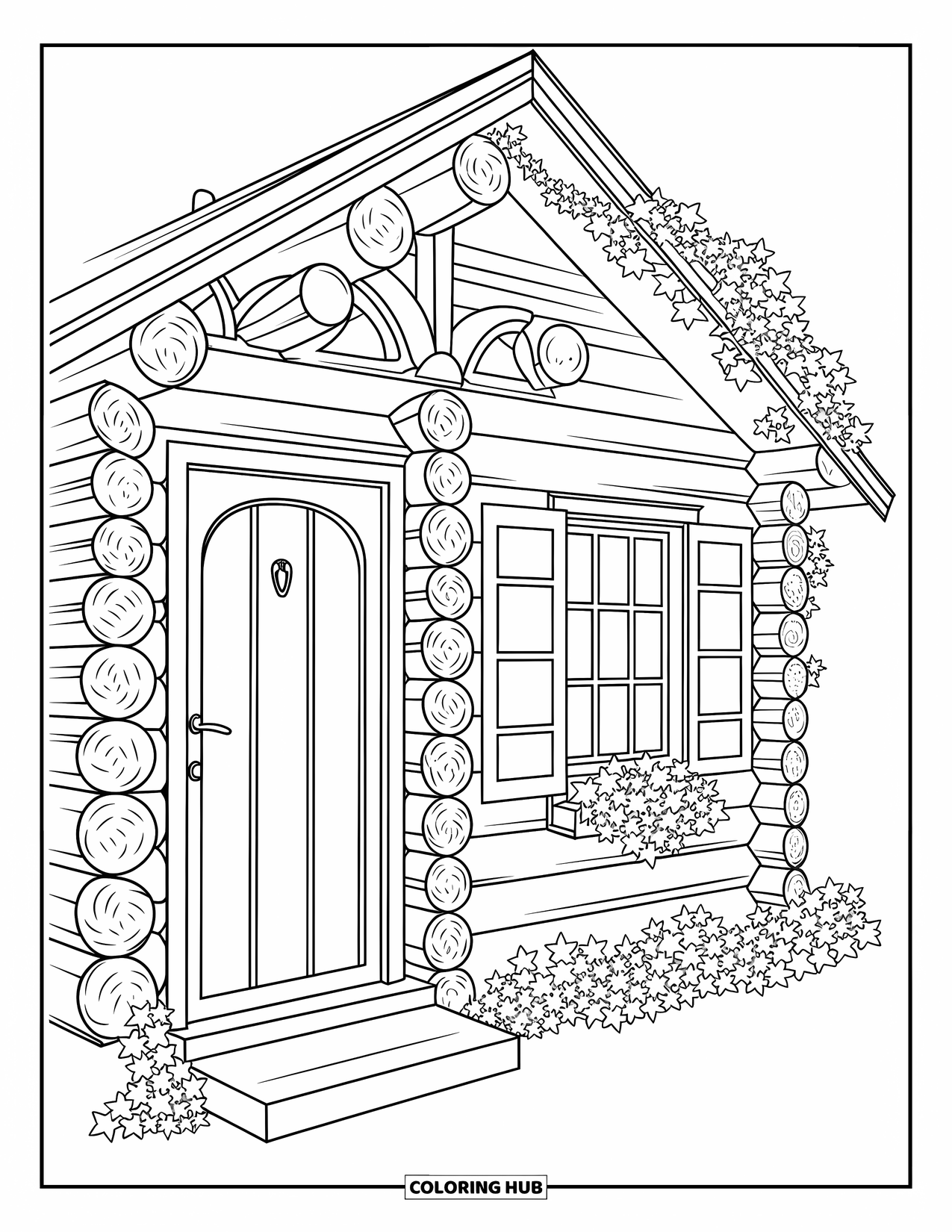 Cabin Coloring Page for Adults: Forest cabin with ivy-covered logs and vintage siding