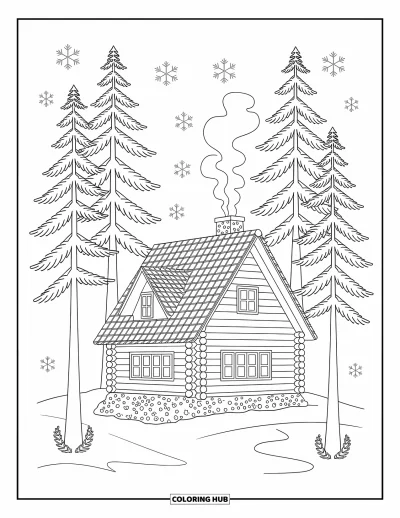 Coloriage de chalet rustique pour adultes : Chalet en rondins à haut toit avec sapins et fumée de cheminée qui monte en spirale