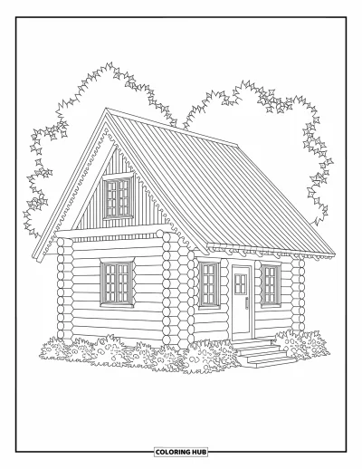 Coloriage de chalet rustique pour adultes : Chalet en rondins enveloppé de lierre avec bardage détaillé et atmosphère chaleureuse