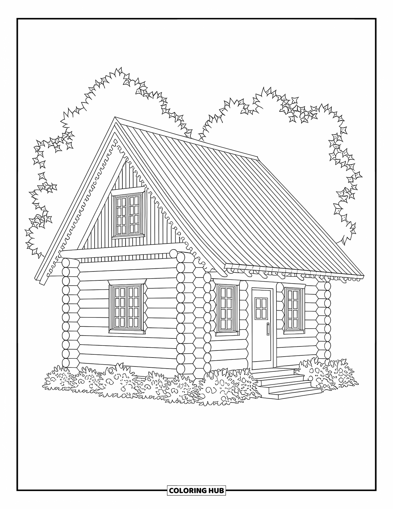 Cabin Coloring Page for Adults: Ivy-wrapped log cabin with intricate siding and cozy feel