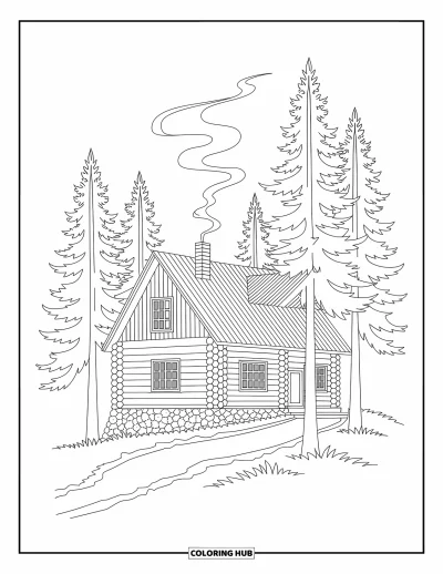Coloriage de chalet rustique pour adultes : Chalet en rondins avec fumée de cheminée et arbres détaillés pour une escapade hivernale
