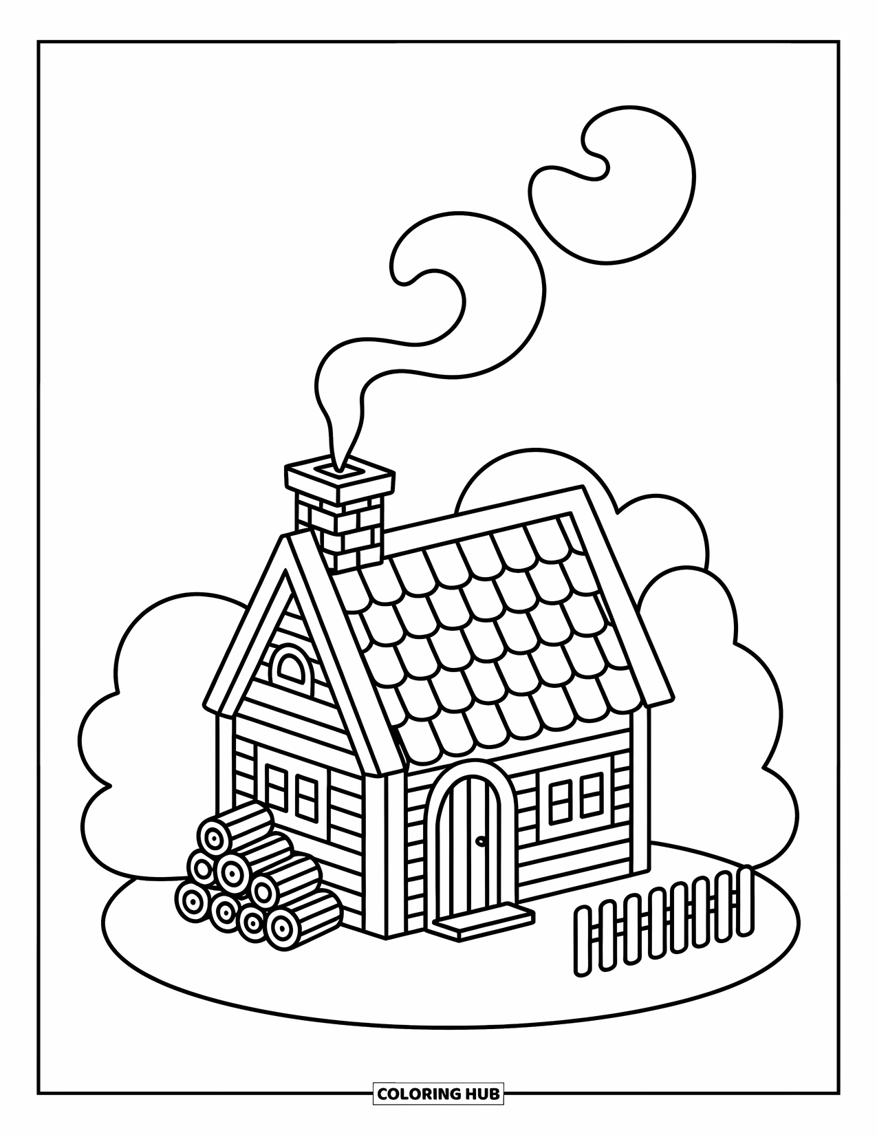 Cabin Coloring Page for Adults: Mini cabin with curled smoke, stacked logs, and round trees and shrubs nearby