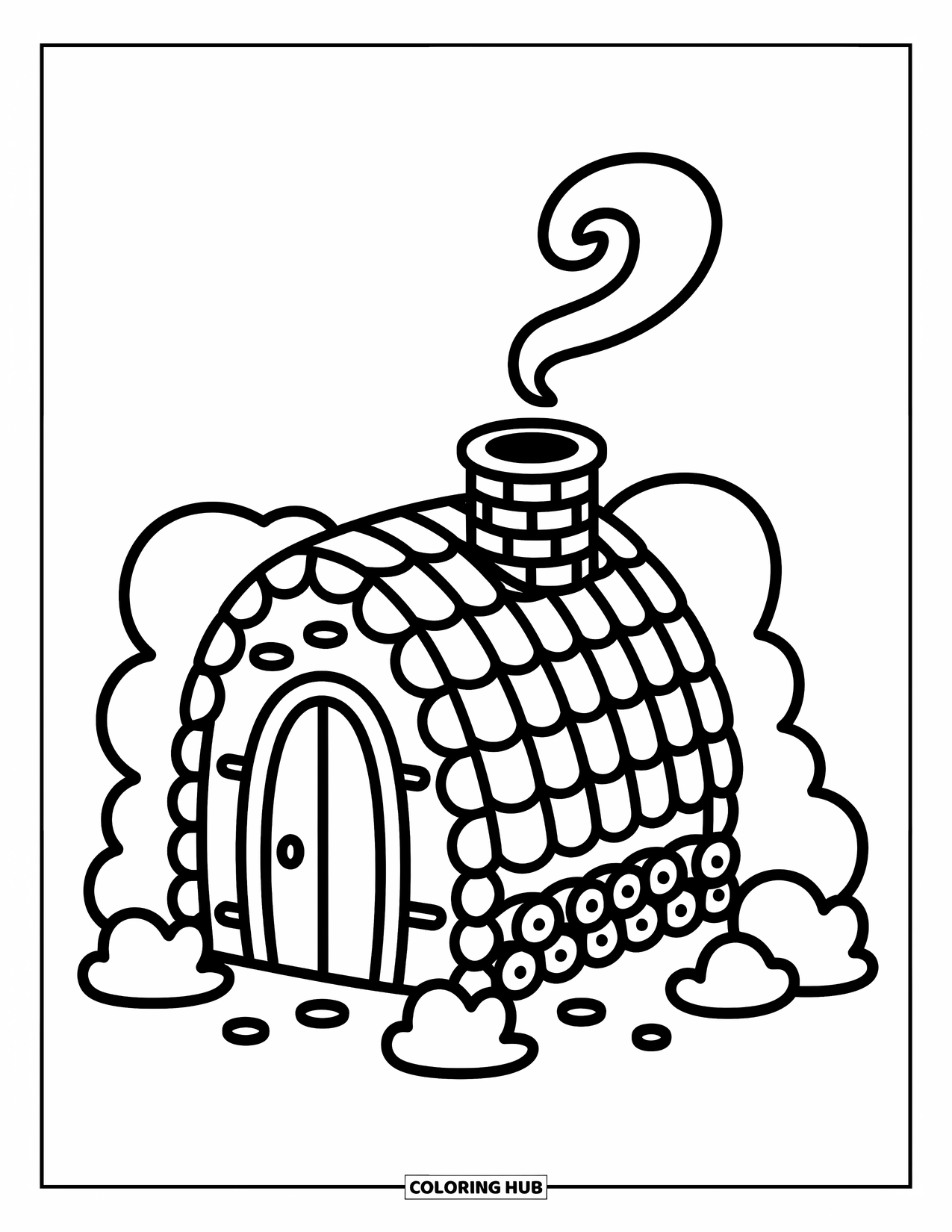 Cabin Coloring Page for Adults: Mini cabin with round chimney, stacked logs, and soft trees all around