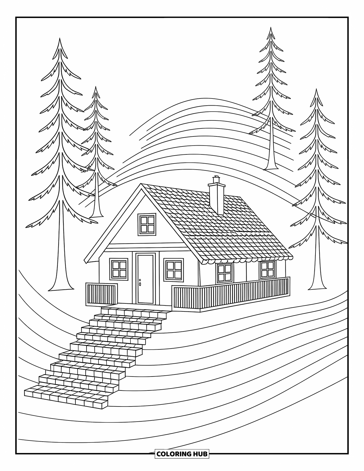 Cabin Coloring Page for Adults: Mountain cabin with stone steps and trees on peaceful layered slopes