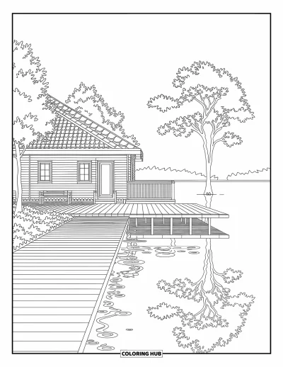 Coloriage de chalet rustique pour adultes : Chalet paisible au bord du lac avec ponton et doux détails d'arbres