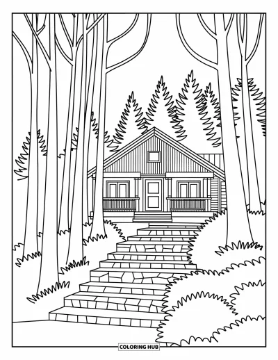 Coloriage de chalet rustique pour adultes : Retraite de montagne paisible avec marches en pierre et motifs chaleureux