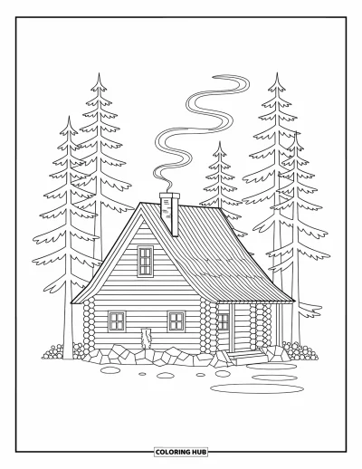 Coloriage de chalet rustique pour adultes : Chalet en rondins entouré de sapins avec fumée et base en pierre