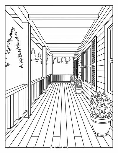 Coloriage de chalet rustique pour adultes : Scène de porche avec plantes, rambardes et arbres en arrière-plan