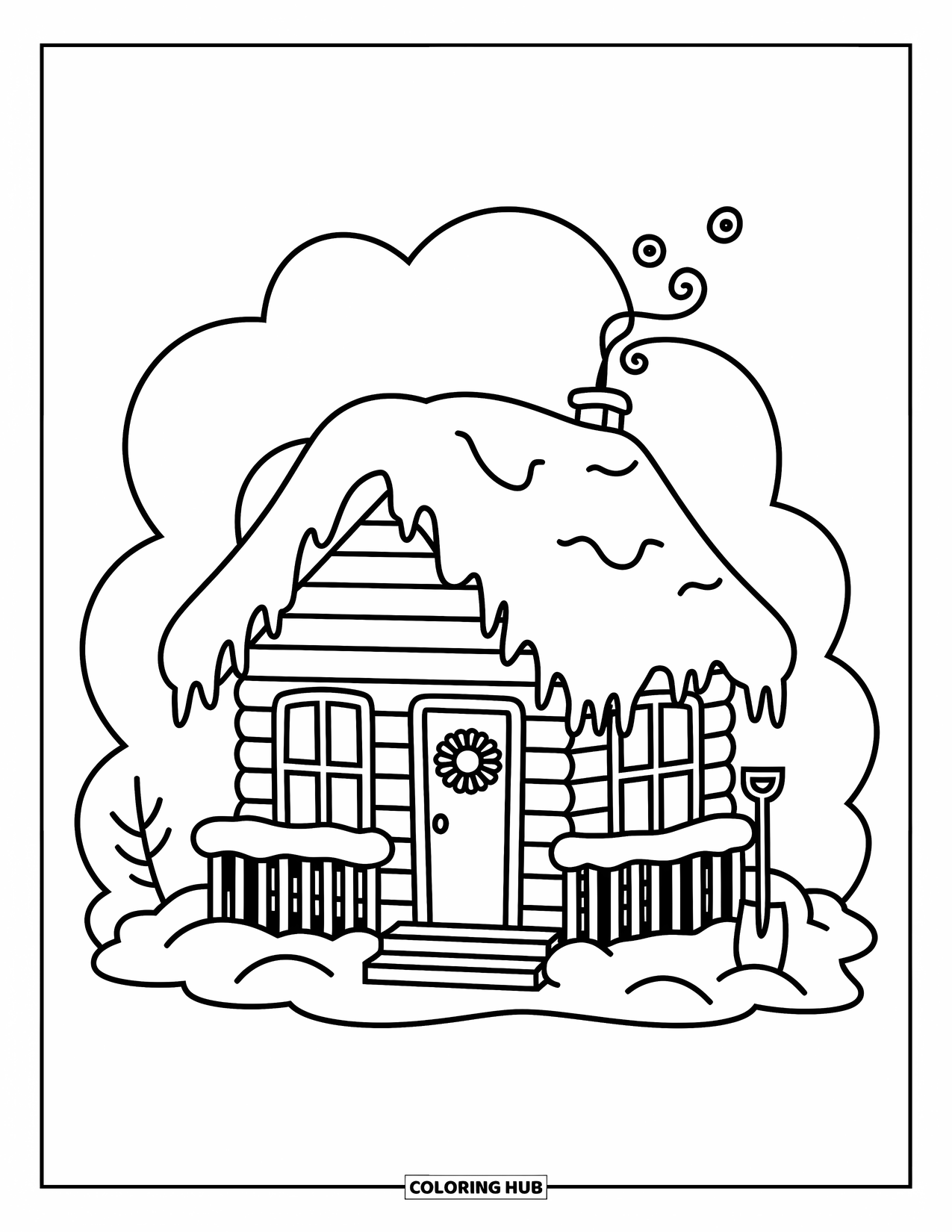 Cabin Coloring Page for Adults: Quaint snow-covered cabin with icicles, wreath, and chimney smoke surrounded by pine trees