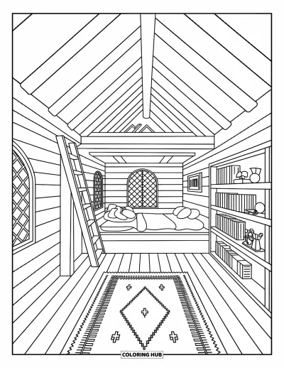 Coloriage de chalet rustique pour adultes : Intérieur rustique de chalet avec échelle vers la mezzanine, bibliothèque et tapis à motifs