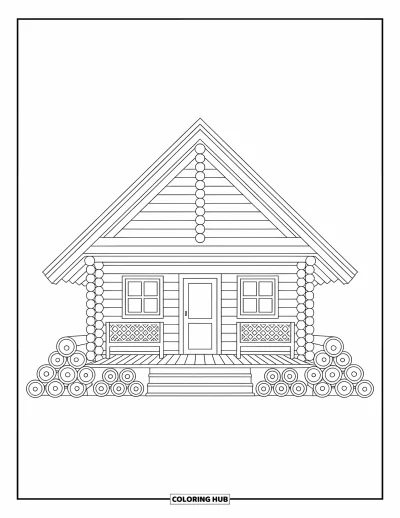 Coloriage de chalet rustique pour adultes : Porche rustique de chalet avec bûches empilées et charmant toit triangulaire