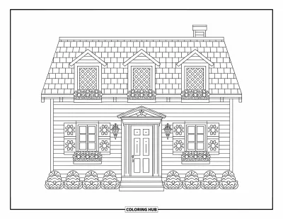 Coloriage de chalet rustique pour adultes : Chalet rustique à deux étages avec volets fleuris et fenêtres à treillis dans un style élégant