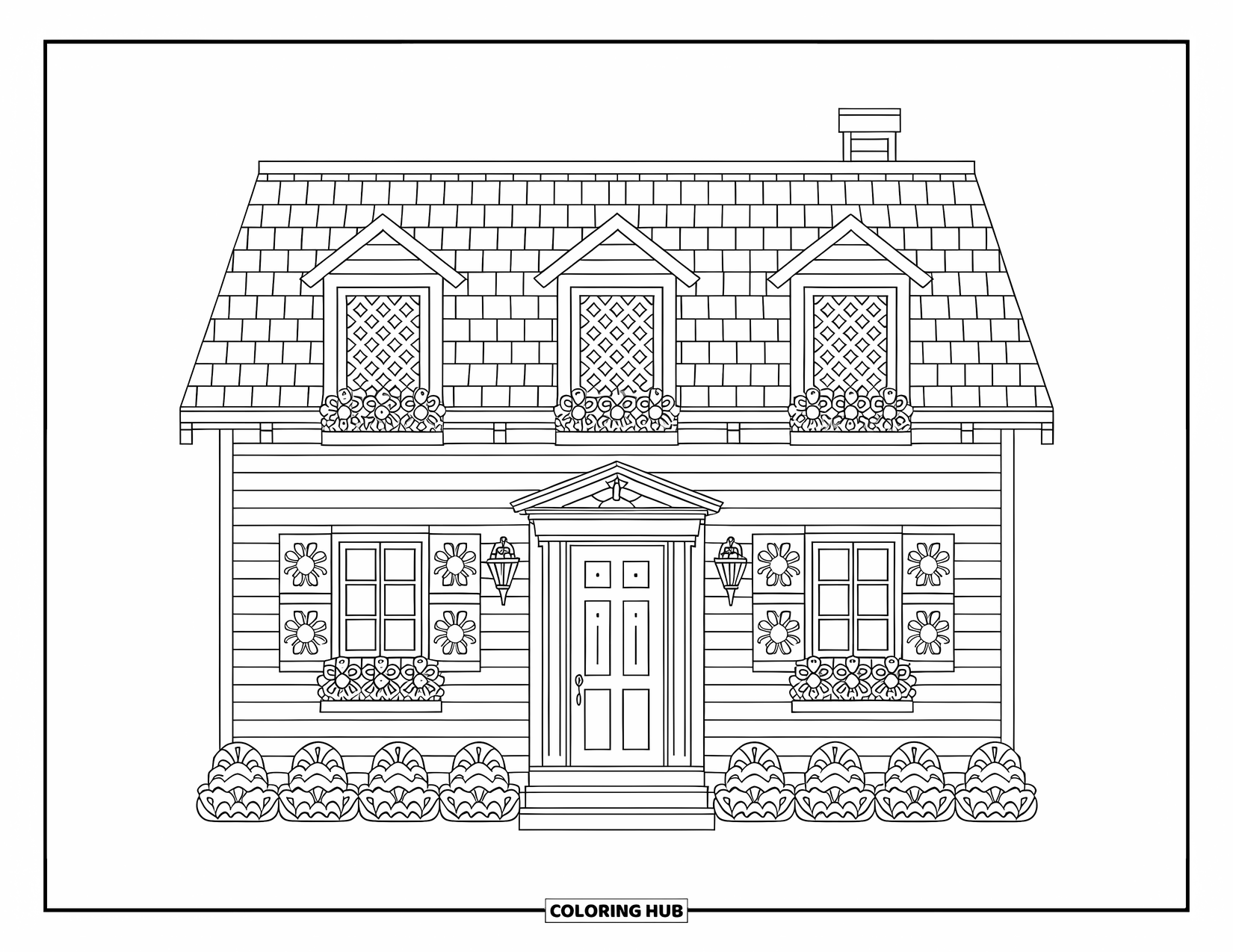 Cabin Coloring Page for Adults: Rustic two-story cabin with flower shutters and lattice windows in an elegant design