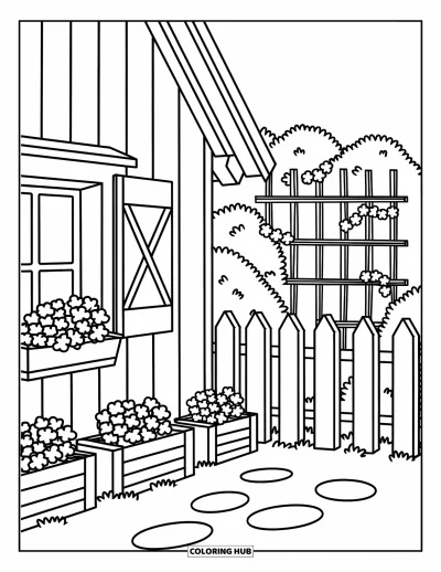 Coloriage de chalet rustique pour adultes : Vue latérale d'un chalet avec volets, jardinières et vignes grimpantes sur un treillis