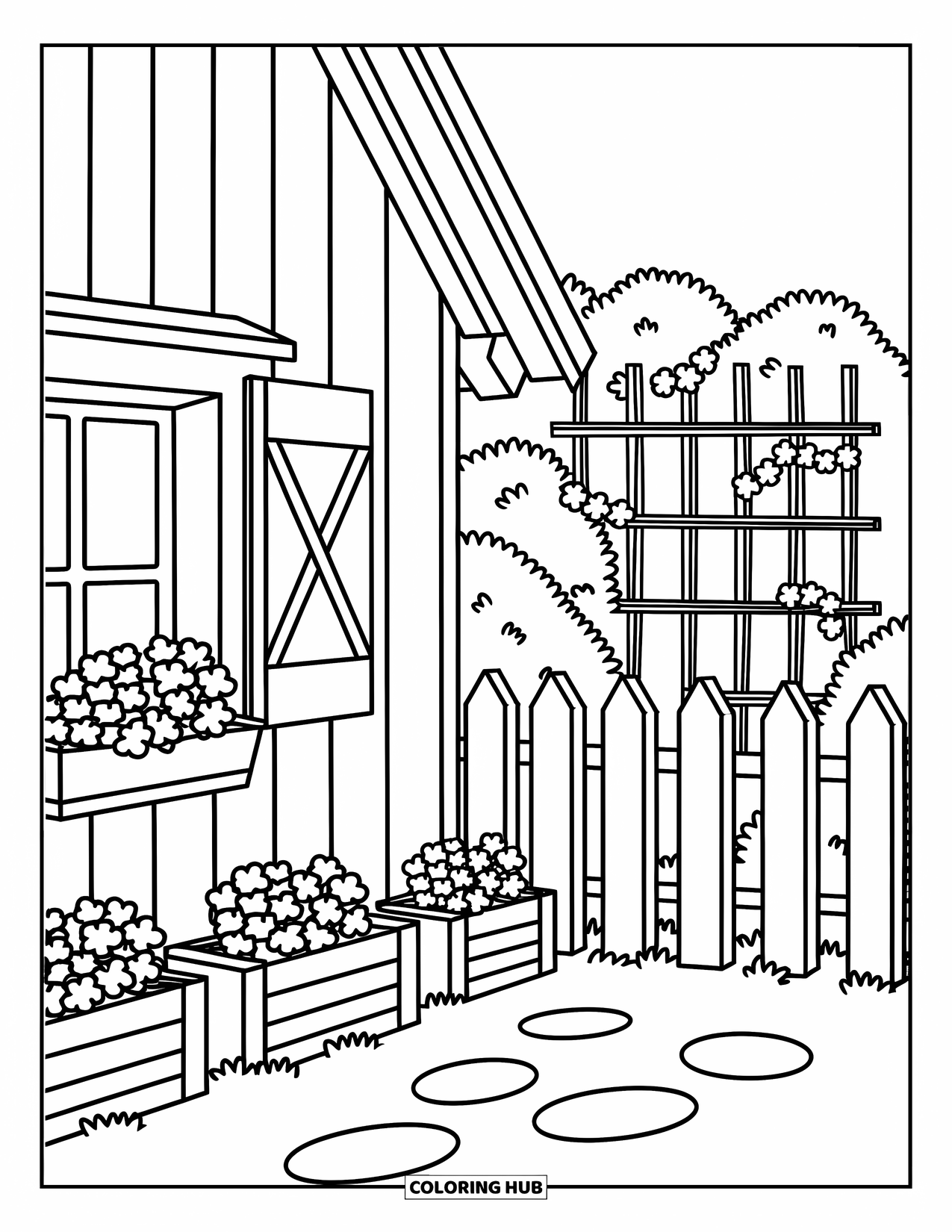 Cabin Coloring Page for Adults: Side cabin view with shutters, flower pots, and climbing vines on a trellis