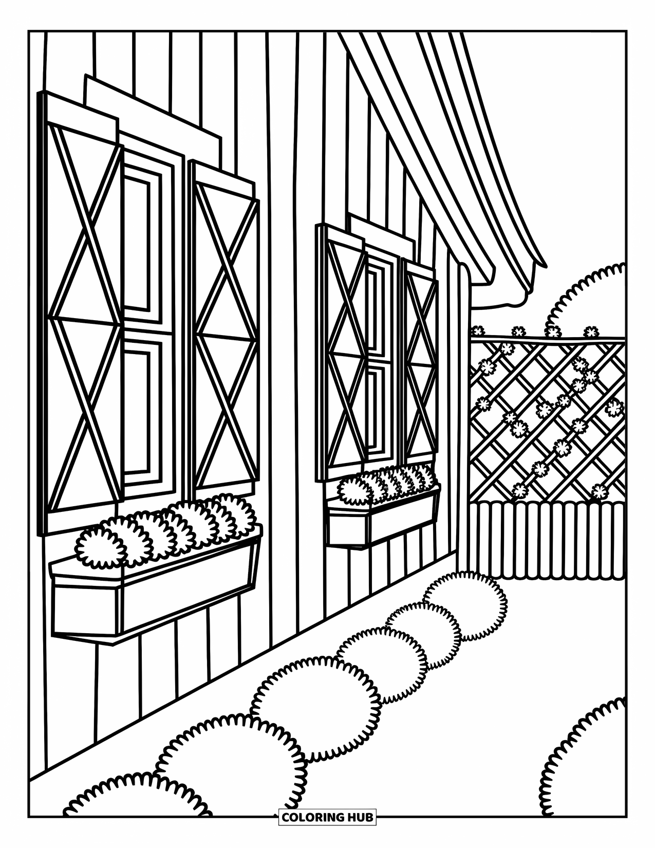 Cabin Coloring Page for Adults: Side-view cabin with crisscross shutters, potted flowers, and soft garden details