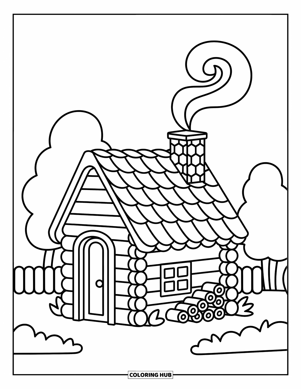 Cabin Coloring Page for Adults: Small cabin with cartoon chimney smoke, shrubs, and a rounded forest fence