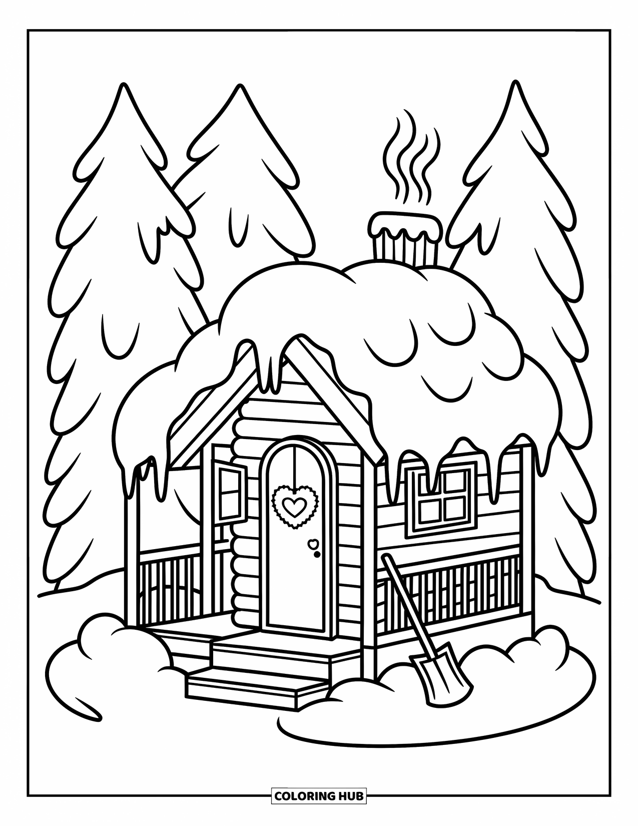 Cabin Coloring Page for Adults: Snow-covered cabin with icicles, smoke chimney, and a heart-shaped wreath on the door