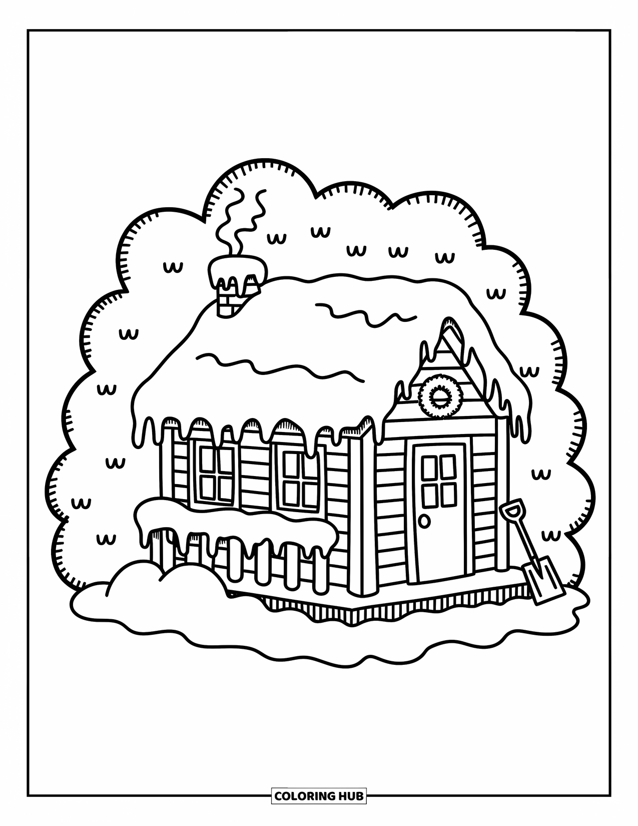 Cabin Coloring Page for Adults: Snowy cabin with icicles, wreath, and soft trees forming a quiet, wintery scene