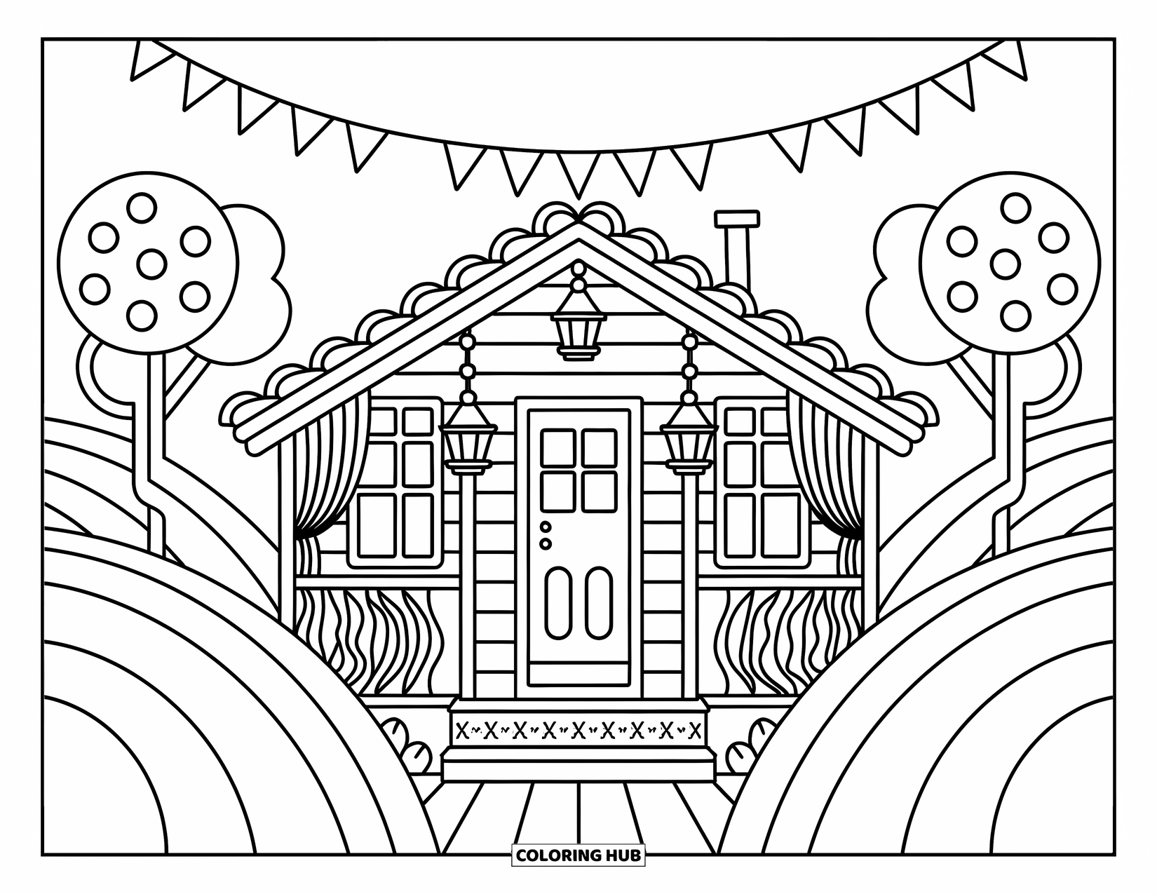 Cabin Coloring Page for Adults: Tiny cabin with porch lanterns, flag banner, and trees tucked in soft hills