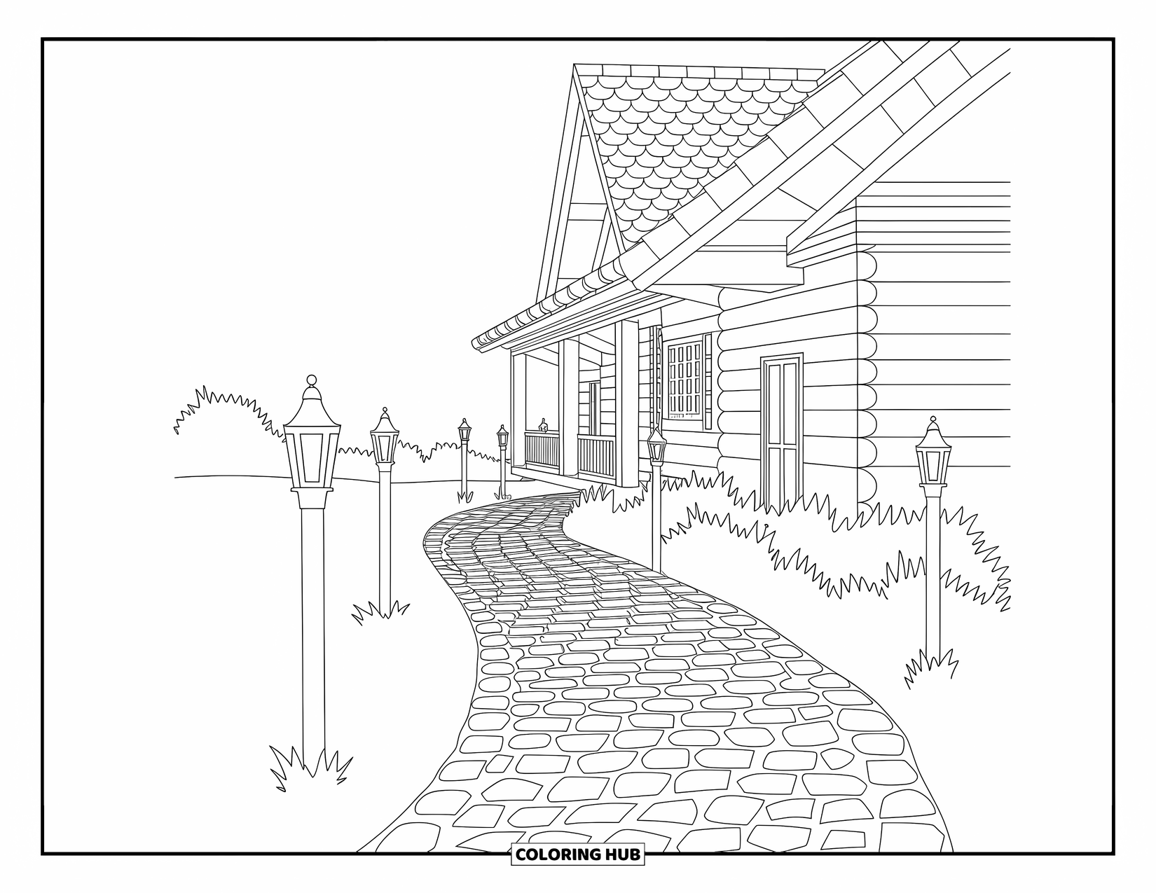 Cabin Coloring Page for Adults: Winding path with lanterns and cozy cabin details for a calm escape