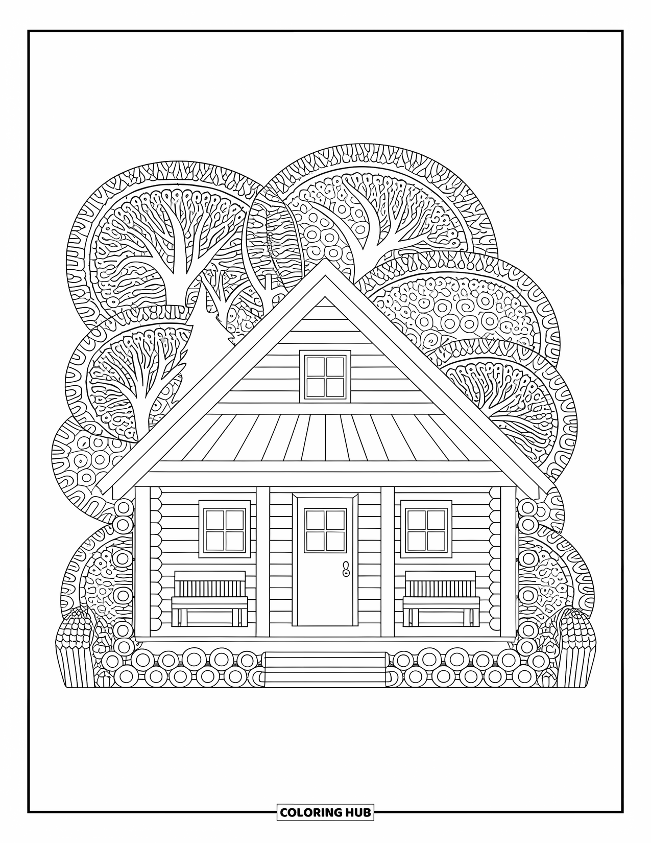 Cabin Coloring Page for Adults: Wooden cabin with logs and porch nestled among patterned trees