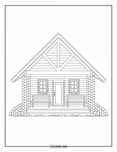Coloriage de chalet rustique pour adultes : Chalet en bois avec pignons triangulaires, bancs sur le porche et bûches empilées à côté