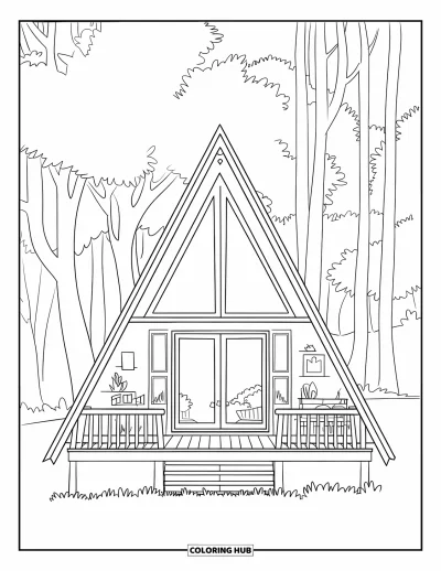 Coloriage de chalet rustique pour enfants : Chalet A-frame avec grandes fenêtres et silhouettes de forêt dans un cadre paisible