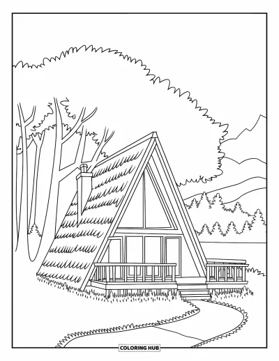 Coloriage de chalet rustique pour enfants : Chalet de type A-frame avec cheminée et vue sur le lac, entouré d'arbres et de nature
