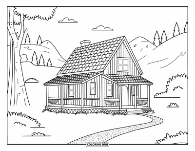 Coloriage de chalet rustique pour enfants : Chalet de montagne avec cheminée et porche entouré de forêt et de montagnes