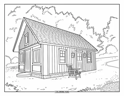 Coloriage de chalet rustique pour enfants : Chalet de montagne avec chaise sur le porche et allée de gravier traversant les bois