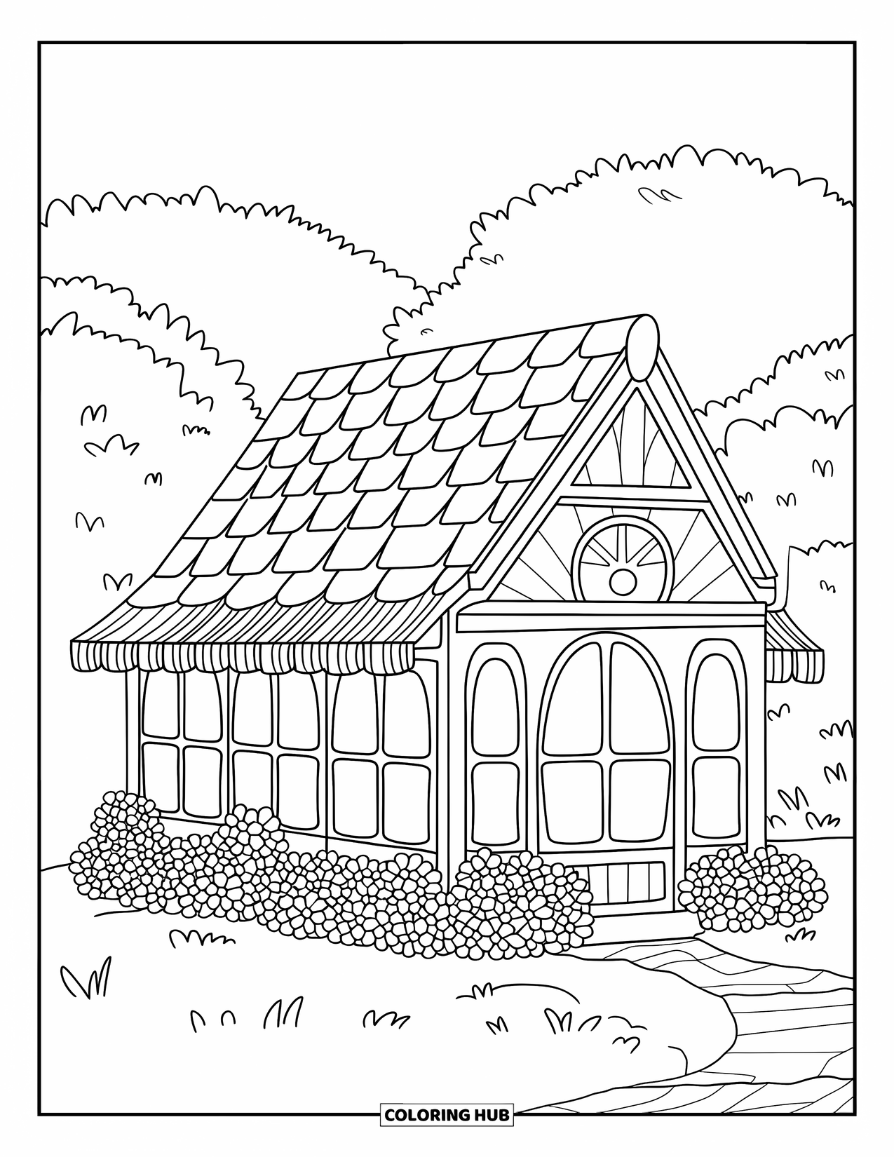 Cabin Coloring Page for Kids: Cabin with a shingled roof and flower beds near soft, peaceful hills