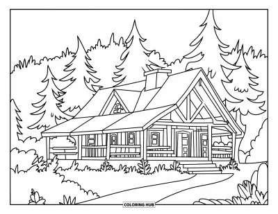 Coloriage de chalet rustique pour enfants : Chalet avec cheminée et marches incurvées niché sur un sentier forestier tranquille