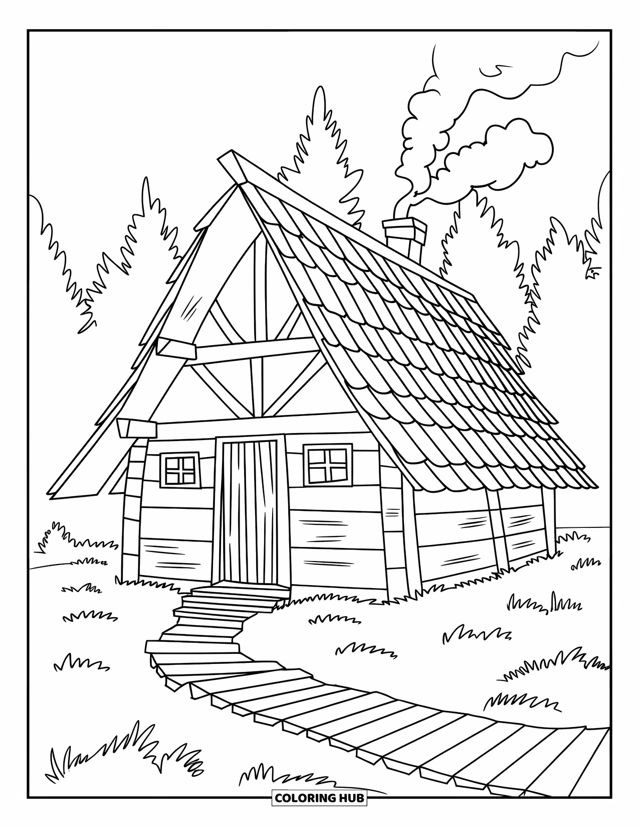 Cabin Coloring Page for Kids: Cabin with cross beams and chimney surrounded by tall trees and wooden path