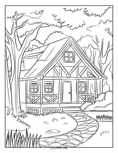Coloriage de chalet rustique pour enfants : Chalet avec poutres apparentes et porche niché le long d'un sentier forestier sinueux