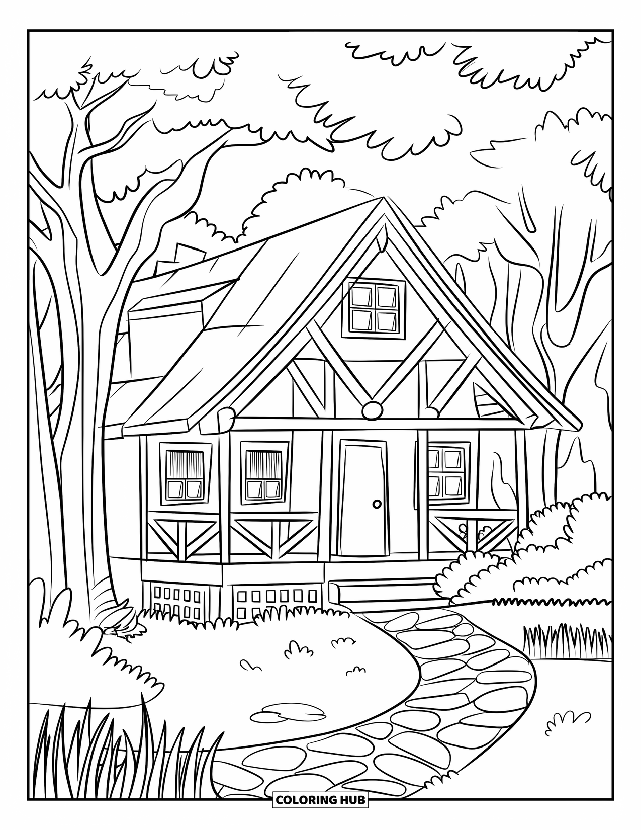 Cabin Coloring Page for Kids: Cabin with exposed beams and porch nestled along a winding forest path