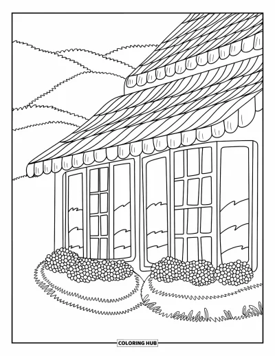 Coloriage de chalet rustique pour enfants : Chalet avec parterres de fleurs et grandes fenêtres face à de paisibles collines ondulantes