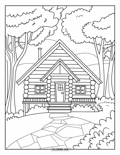 Coloriage de chalet rustique pour enfants : Chalet avec rondins et marches avant niché dans les arbres, parfait pour une journée tranquille