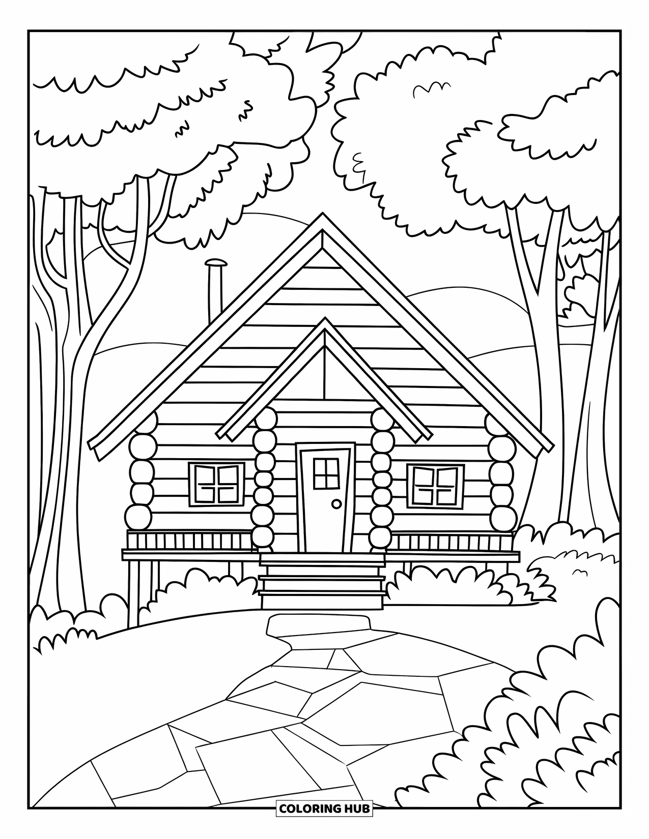 Cabin Coloring Page for Kids: Cabin with logs and front steps tucked in trees, perfect for a quiet day