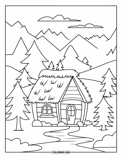 Coloriage de chalet rustique pour enfants : Chalet avec une fenêtre, deux sapins et un chemin qui monte