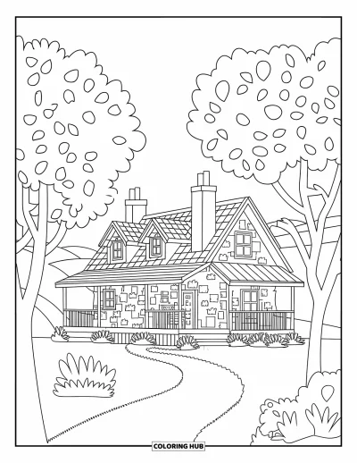 Coloriage de chalet rustique pour enfants : Chalet avec chaises sur le porche et chemin courbe dans un paysage vallonné et herbeux